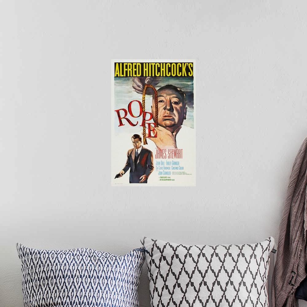 A bohemian room featuring Retro poster artwork for the film Rope.