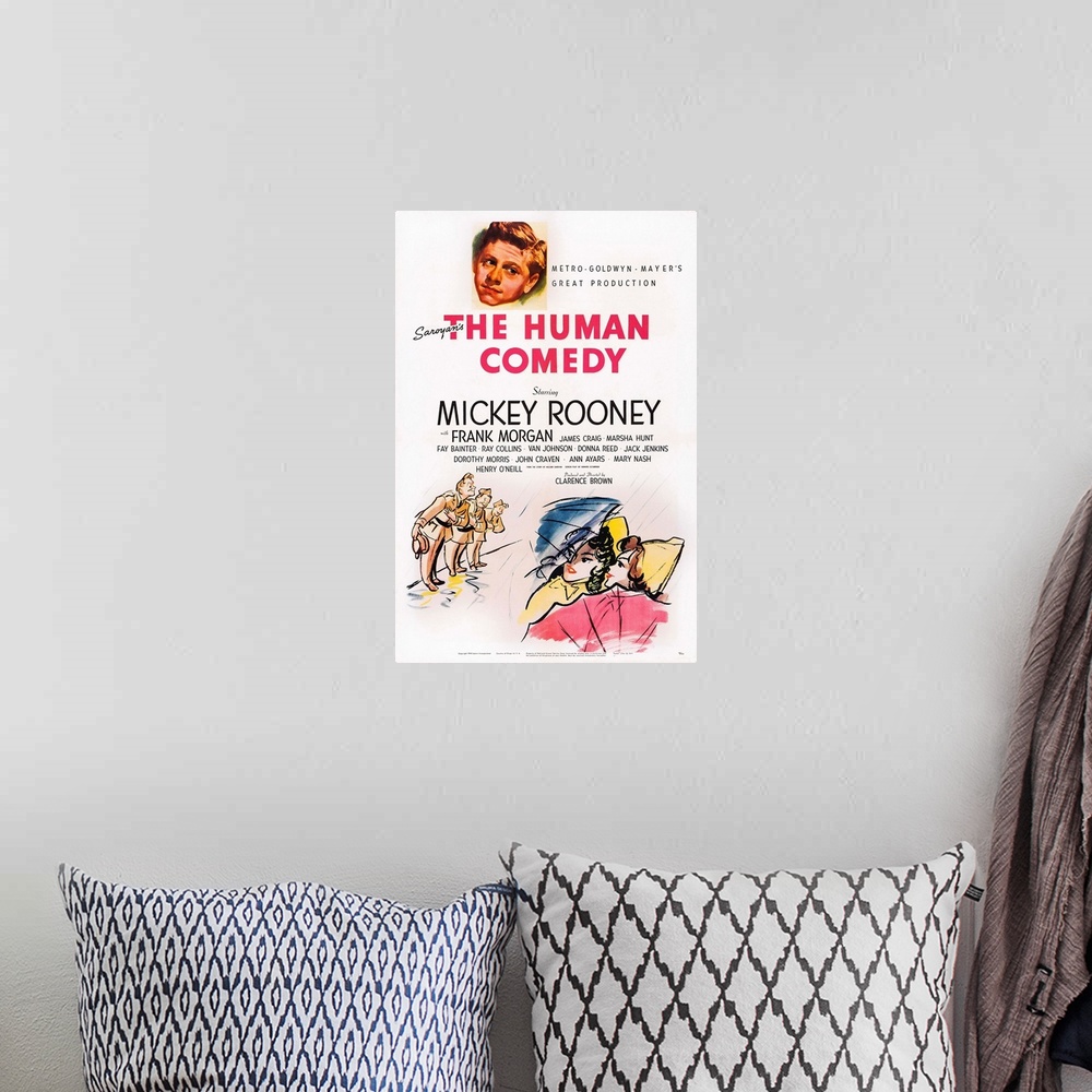 A bohemian room featuring Retro poster artwork for the film The Human Comedy.