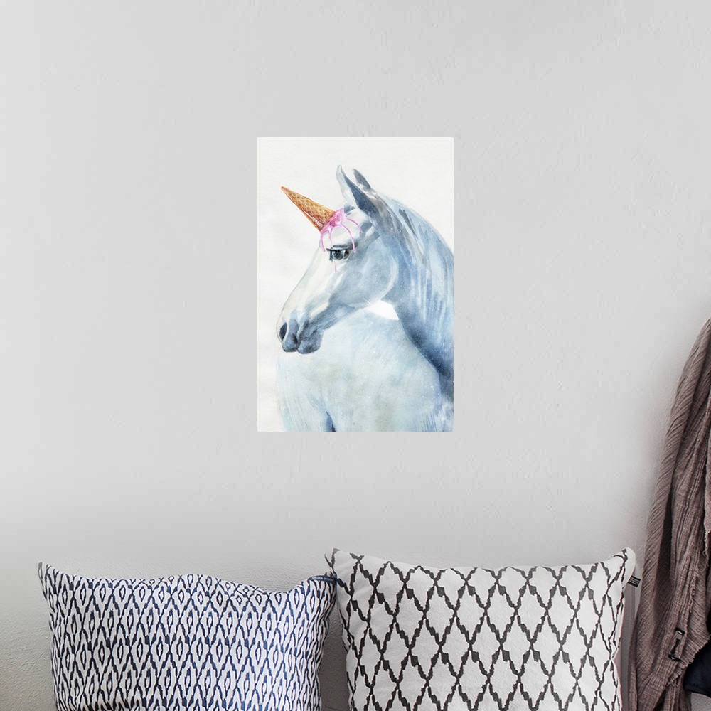 A bohemian room featuring Blue watercolor painting of horse with emphasized head on white