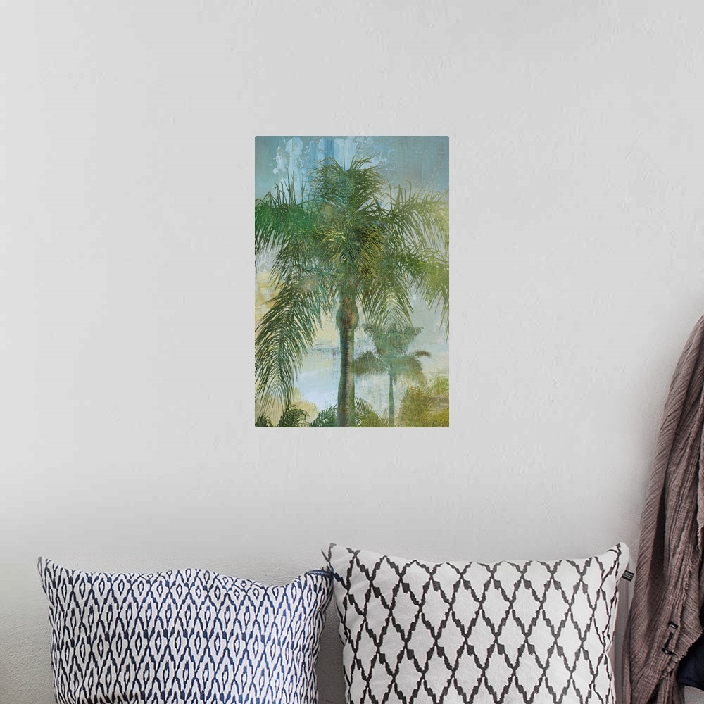 A bohemian room featuring Tropical palm tree landscape in green, blue, and golden hues.