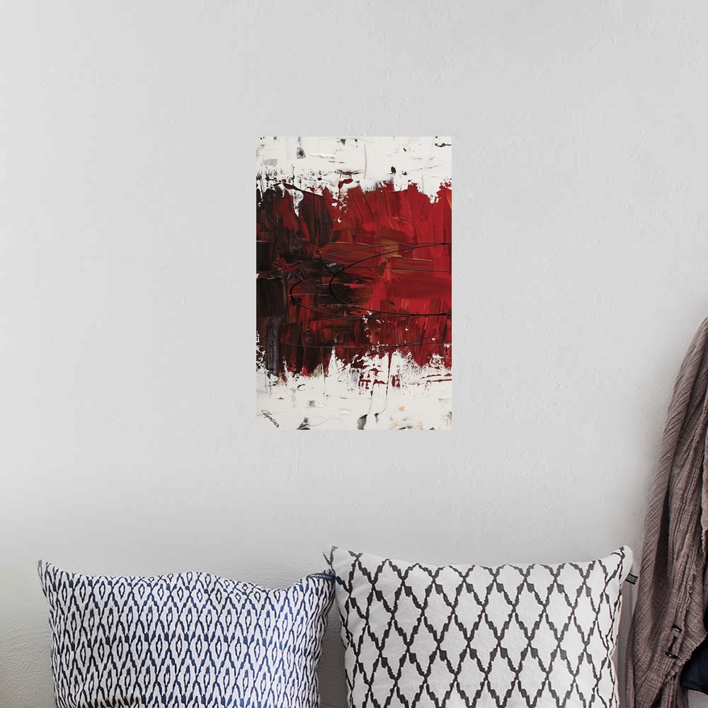 A bohemian room featuring Abstract painting with thick layering and textures in a red gradient and white on the top and bot...