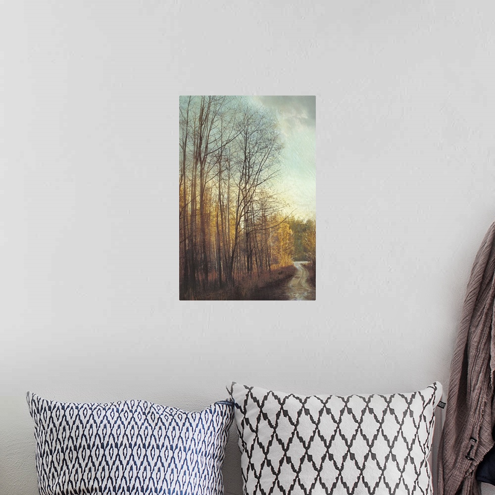 A bohemian room featuring Contemporary painting of a forest in the late fall in afternoon light, consisting of trees with b...