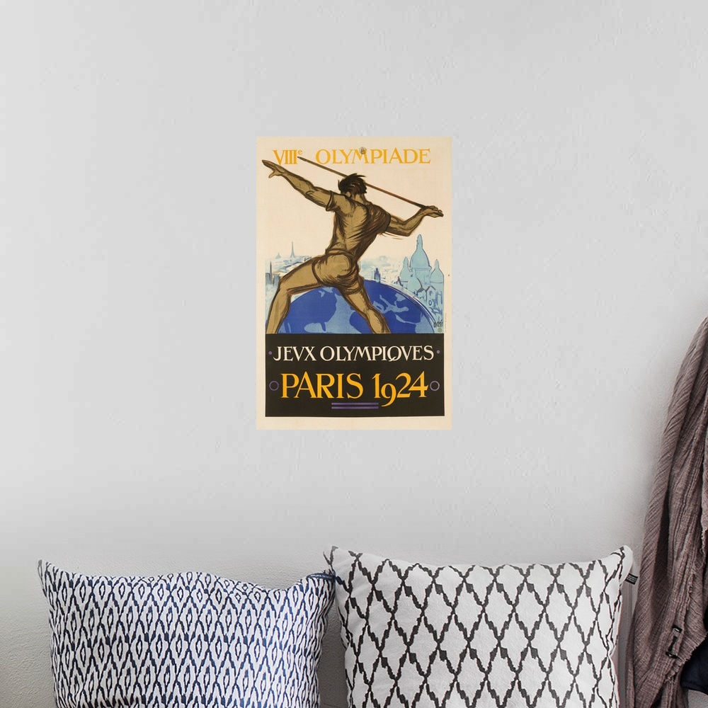 A bohemian room featuring Paris Summer Olympics Poster showing Javelin throwing athlete. Illustrated by Orsi.