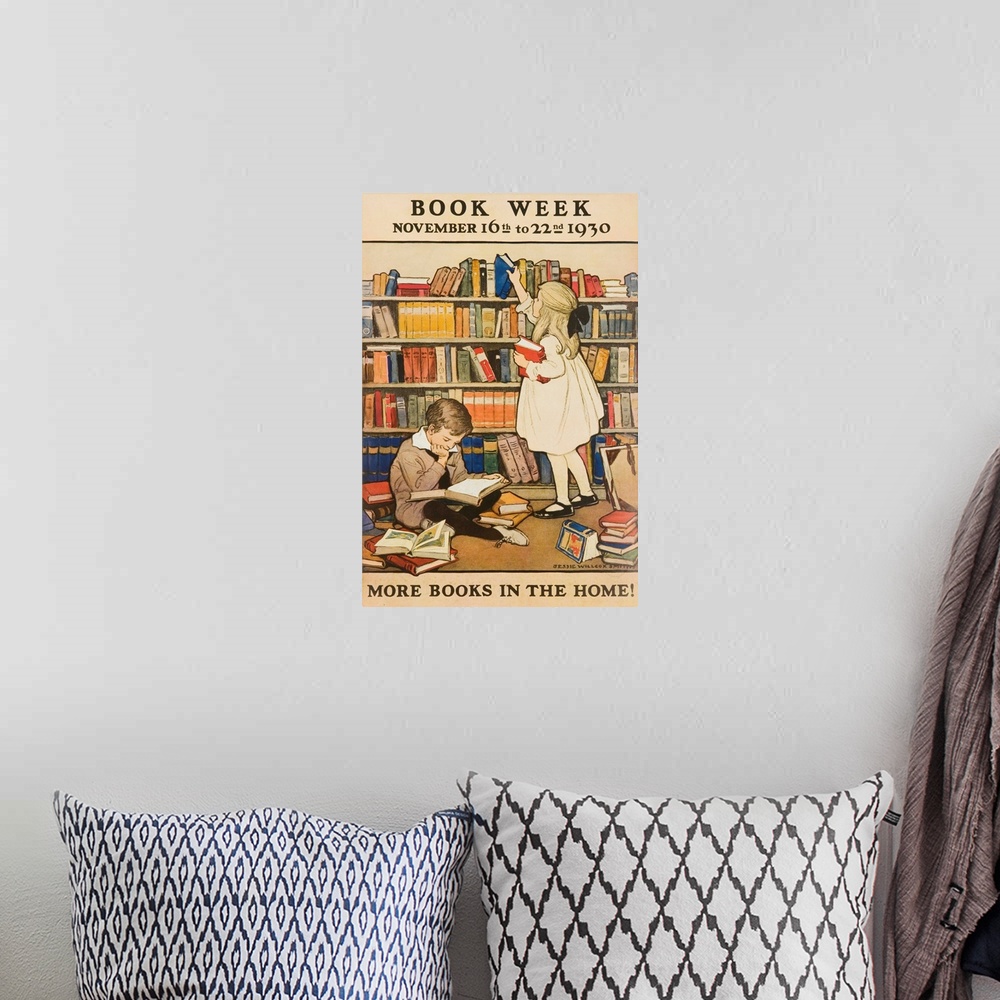 A bohemian room featuring More Books in the Home, illustrated by Jessie Willcox Smith, 1930 Children's Book Week poster sho...