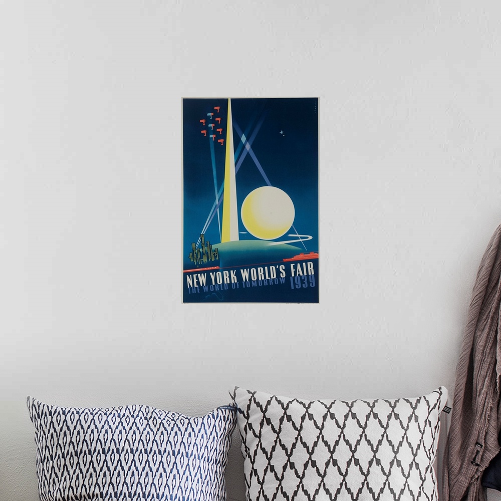 A bohemian room featuring 1939 New York World's Fair poster showing spotlit Trylon and Perisphere with air show and city sk...