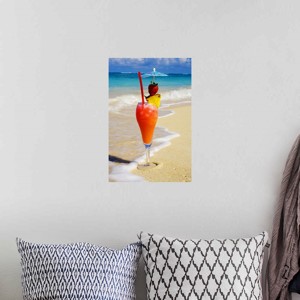 A bohemian room featuring This vertical tropical ocean theme photos show waves washing up on shore around an elaborate drin...