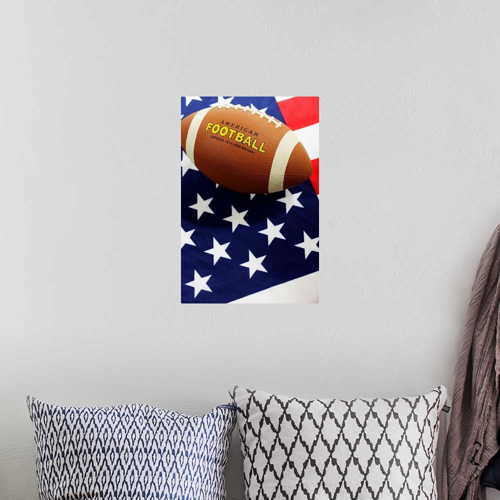 A bohemian room featuring American football with the US flag