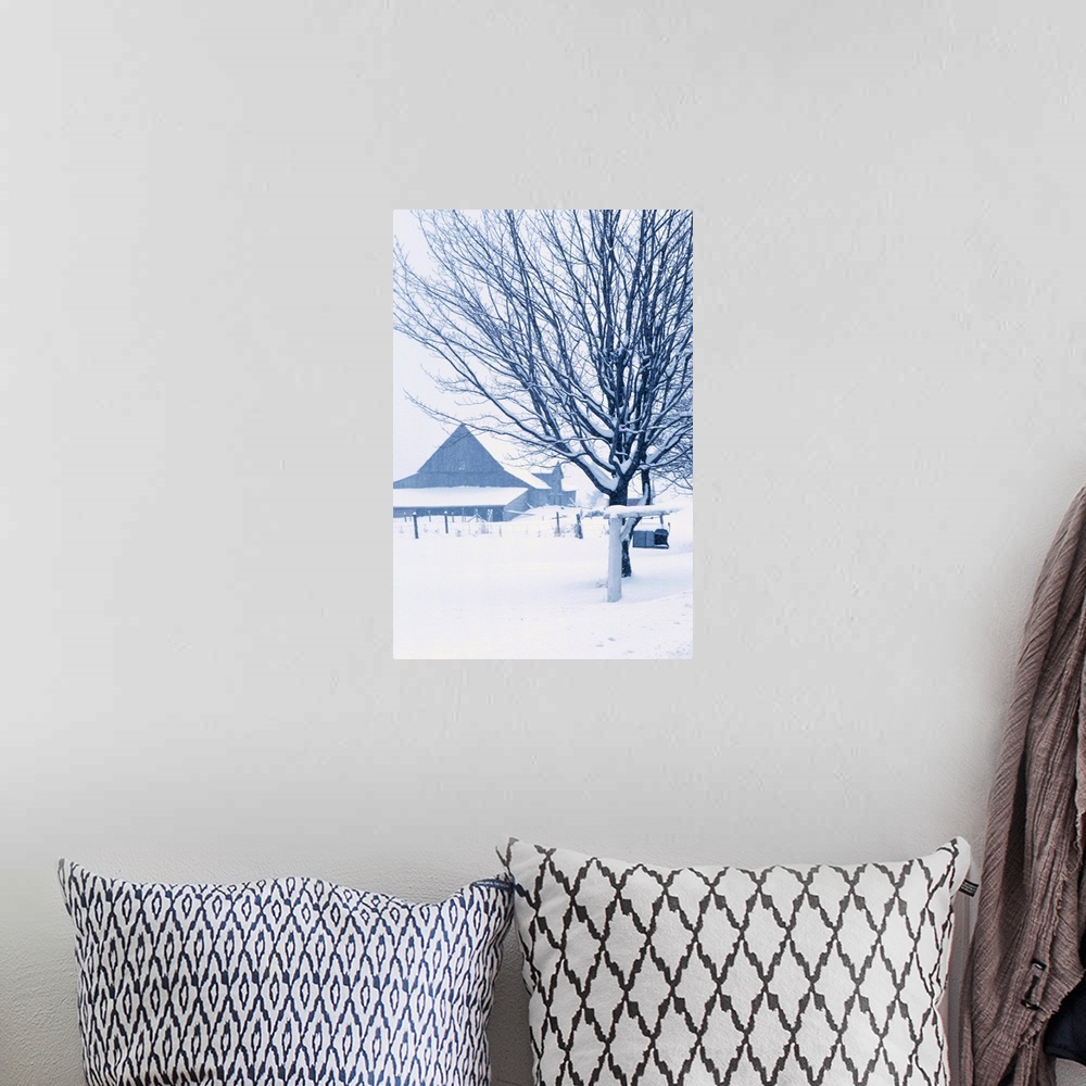 A bohemian room featuring Barn covered in snow