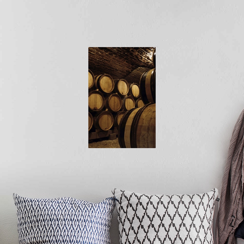 A bohemian room featuring Vertical, oversized photograph of wooden barrels of wine stacked against the wall of a lit wine c...