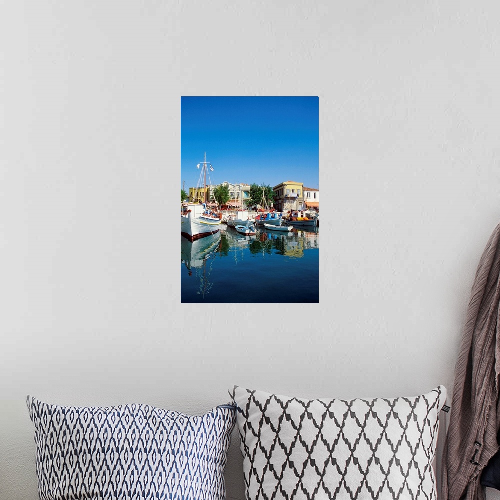 A bohemian room featuring Boats docked at a harbor, Limnos, Greece