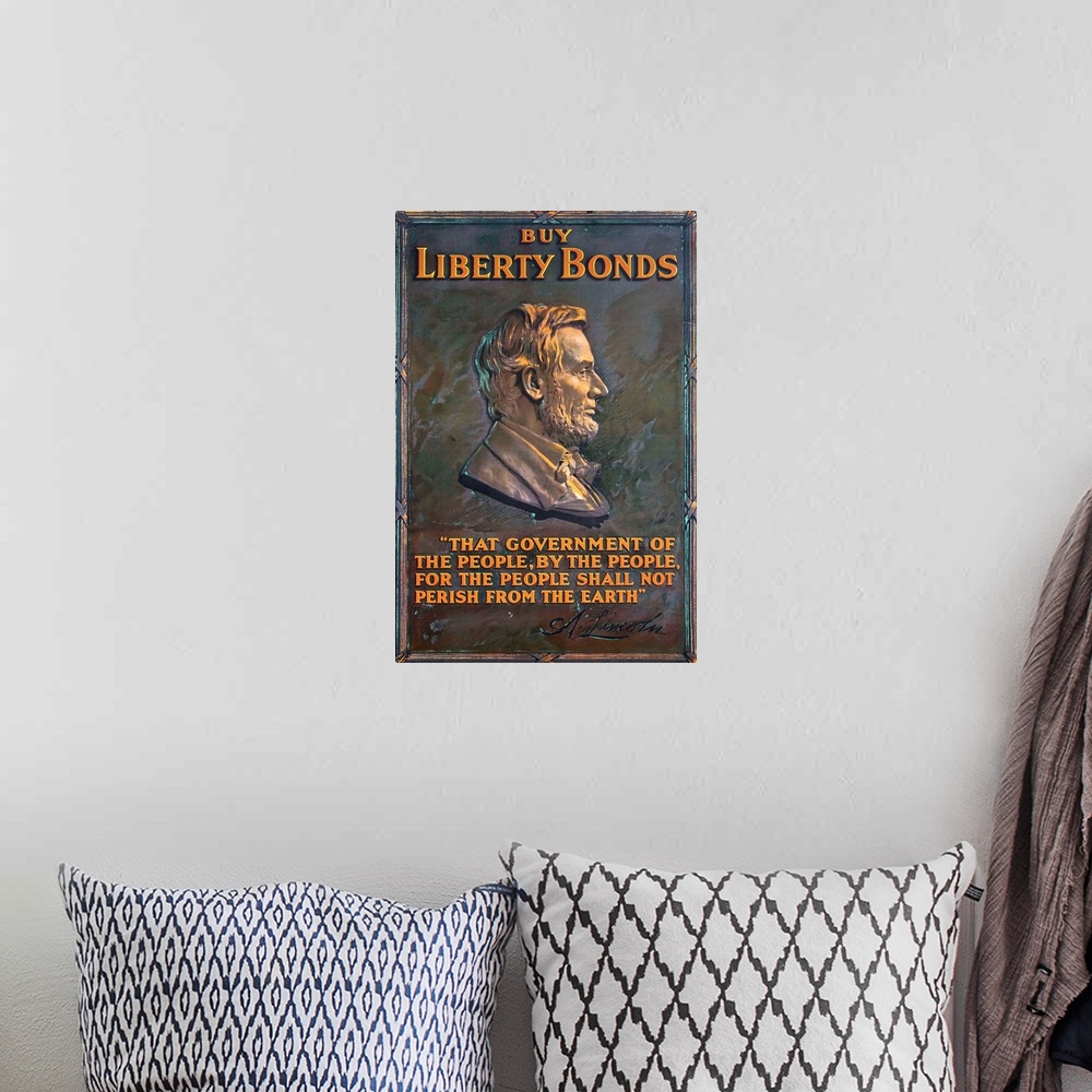 A bohemian room featuring WWI homefront poster promoting participation in the purchase of war bonds, using an Abraham Linco...