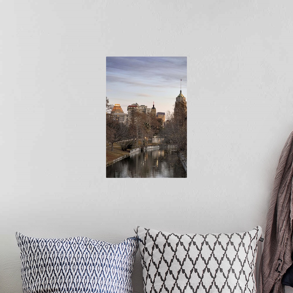 A bohemian room featuring Downtown San Antonio and Riverwalk in winter at dawn.