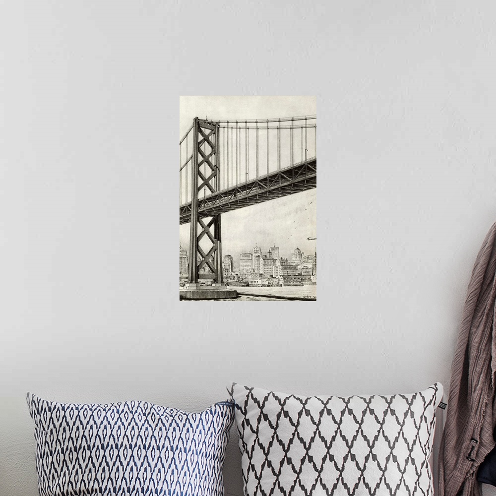 A bohemian room featuring Architects drawing of the San Francisco Oakland Bridge