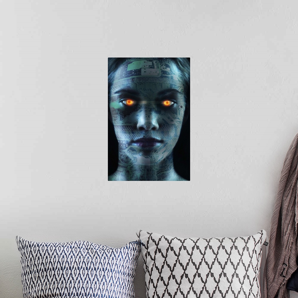 A bohemian room featuring Headshot of robotic woman