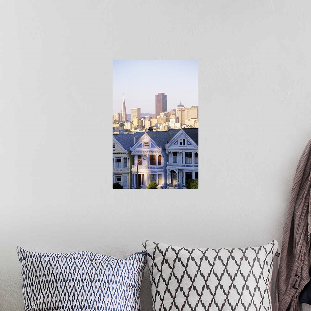 A bohemian room featuring Houses with skyscraper skyline behind it, Alamo Square, San Francisco