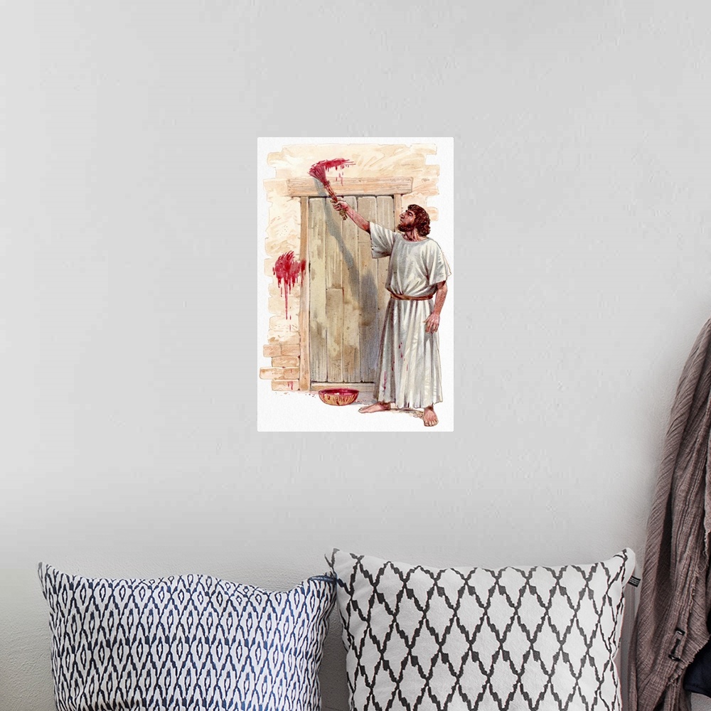 A bohemian room featuring Illustration of Israelite man painting blood of passover lamb on wooden door post