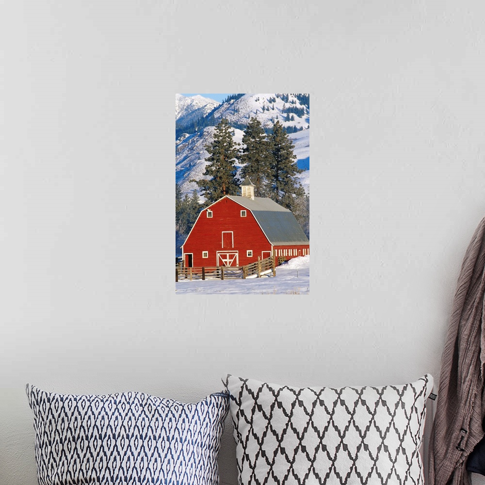 A bohemian room featuring Red Barn In Winter