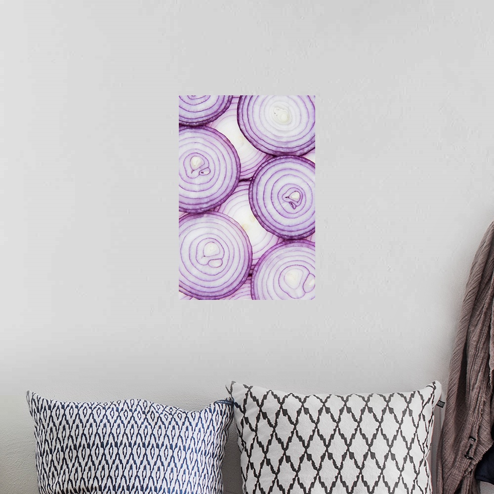 A bohemian room featuring Full frame of sliced red onion, on white background