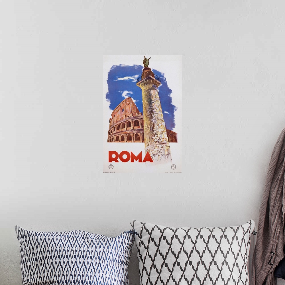 A bohemian room featuring Roma Travel Poster