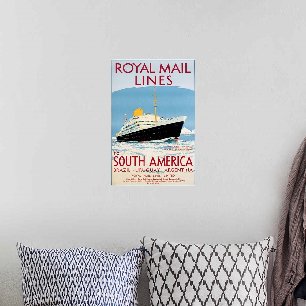 A bohemian room featuring Royal Mail Lines To South America Poster By Jarvis