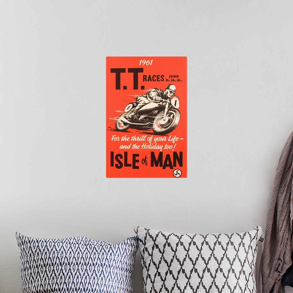 A bohemian room featuring T.T. Races Isle Of Man Poster