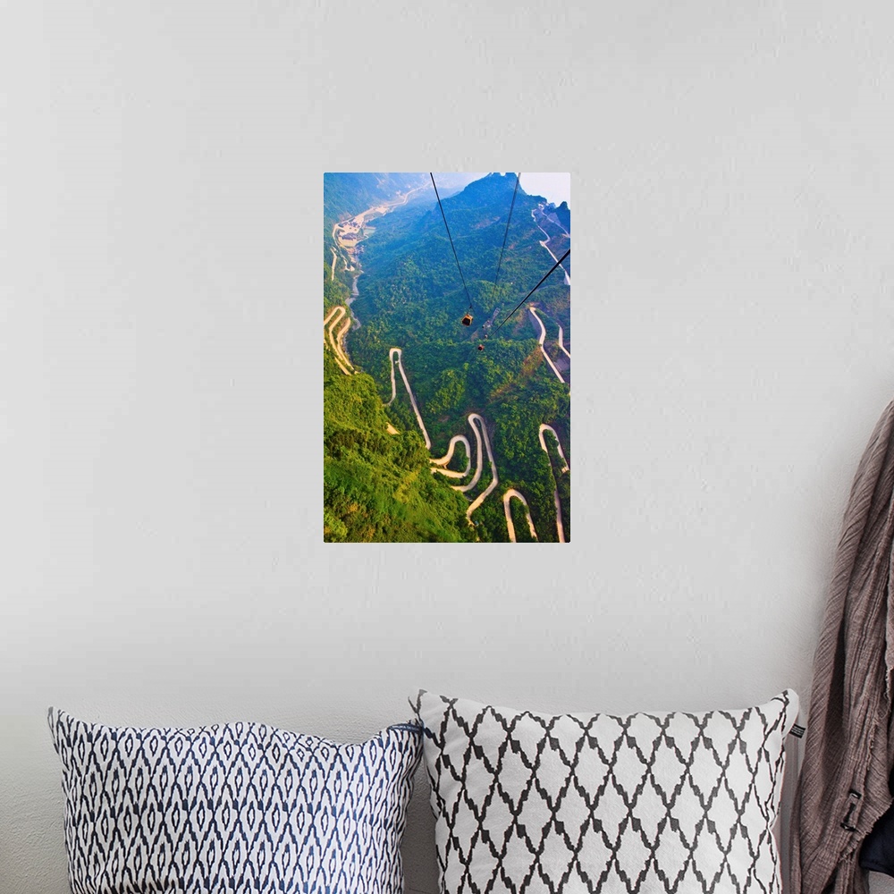 A bohemian room featuring View of mountains and winding road in Mount Tianmen, National Forest Park in western Hunan provin...