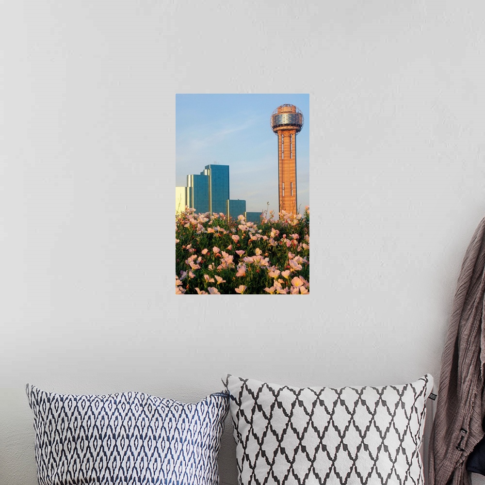 A bohemian room featuring 'Wildflowers and Dallas, TX skyline at sunset with Reunion Tower'