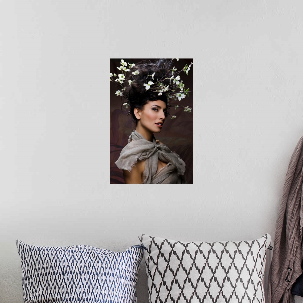 A bohemian room featuring Beautiful woman with flowering twigs in hair