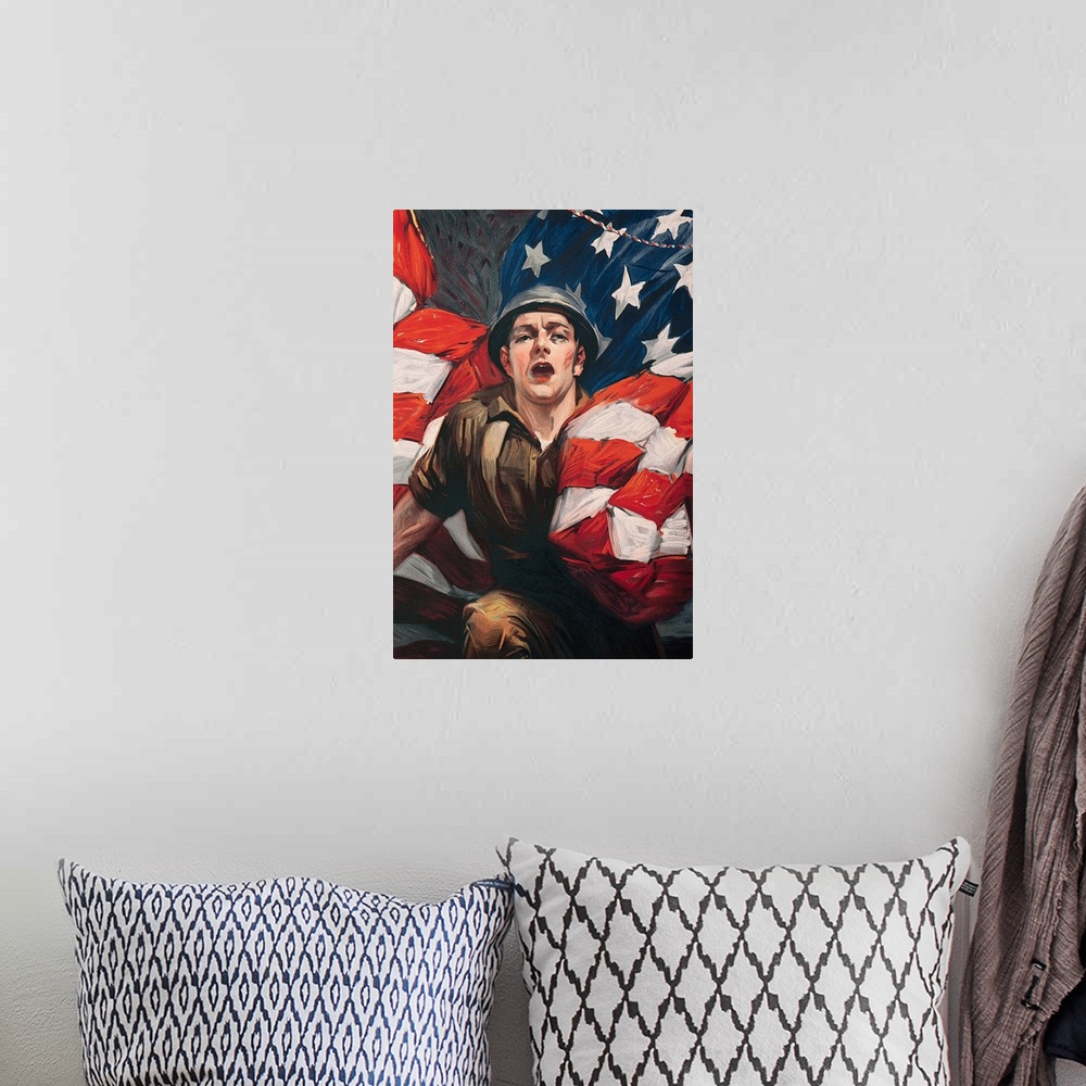 A bohemian room featuring World War one poster of soldier and US flag