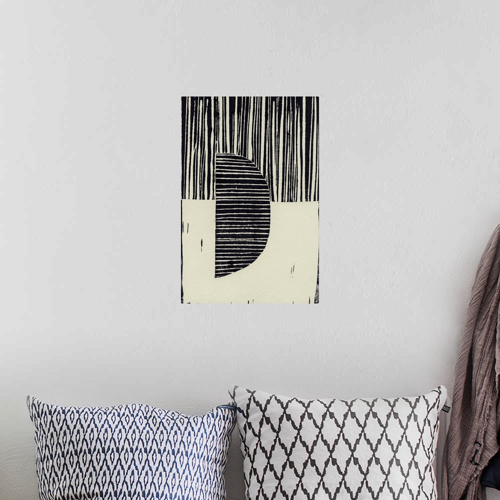 A bohemian room featuring Abstract linocut print with stripes and geometric shapes.