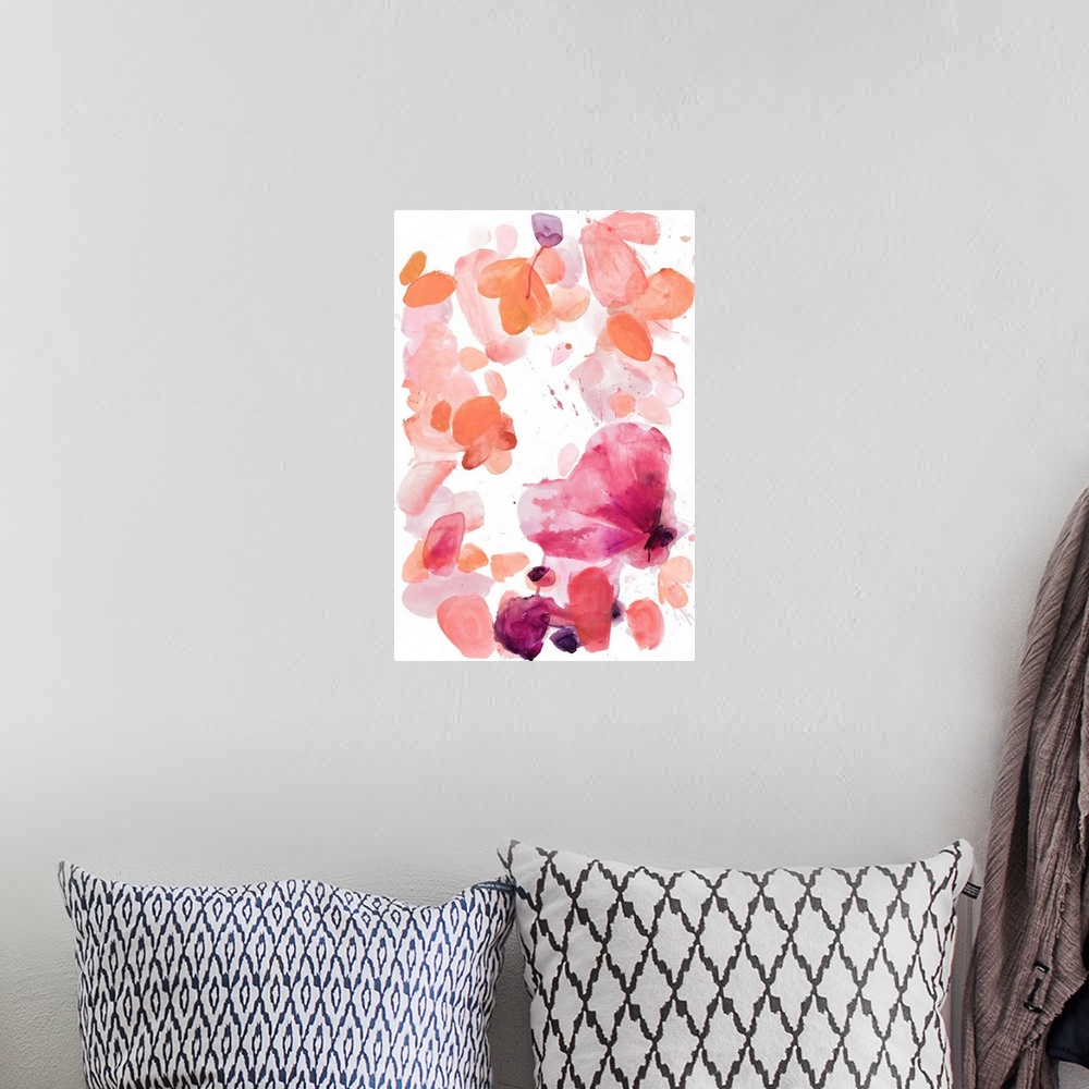 A bohemian room featuring A contemporary watercolor abstract painting using vibrant shades of pink.