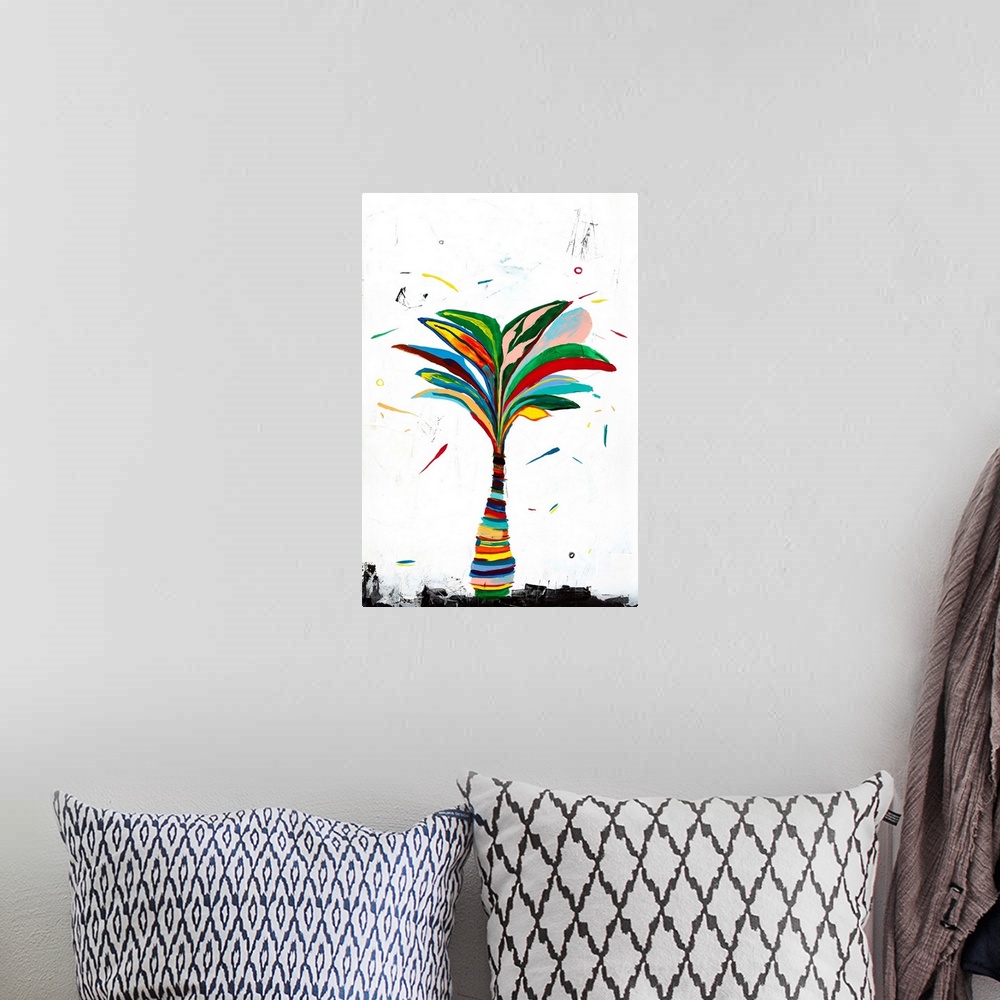 A bohemian room featuring Abstract painting of a colorful palm tree on a white background with dashes of color.