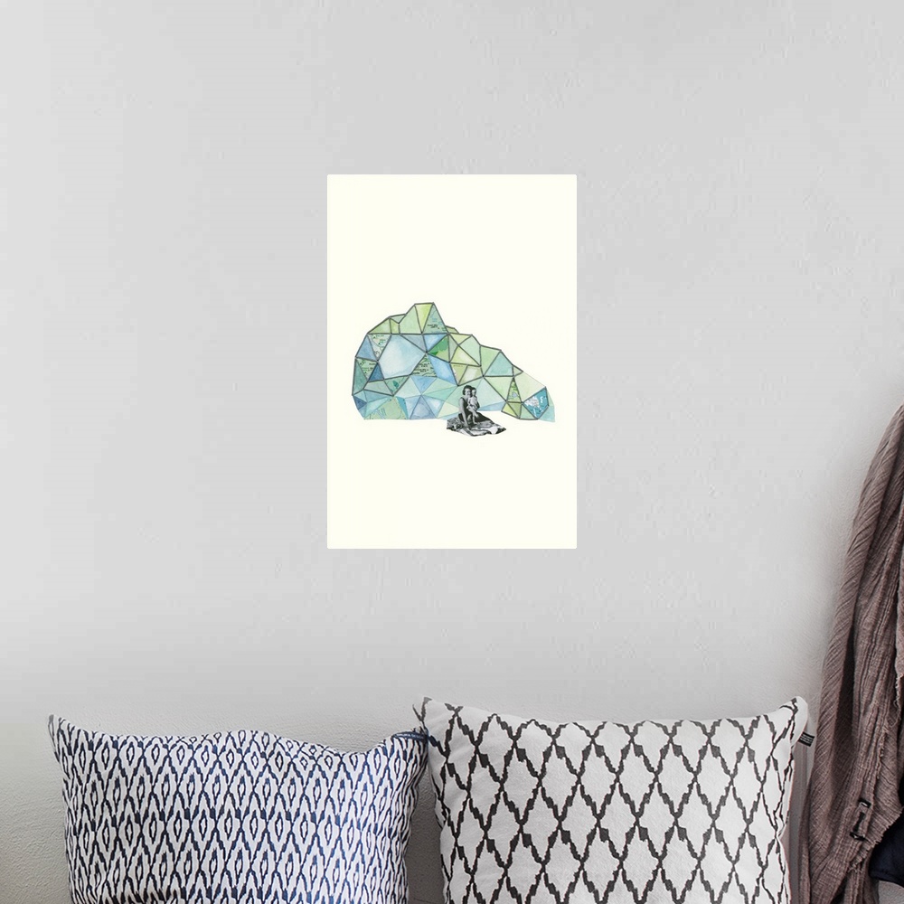 A bohemian room featuring Abstract art of a geometric prism created with mixed media in shades of blue and green with map p...