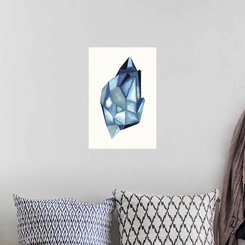 A bohemian room featuring A contemporary abstract watercolor painting of an azure blue colored crystal-like shape.