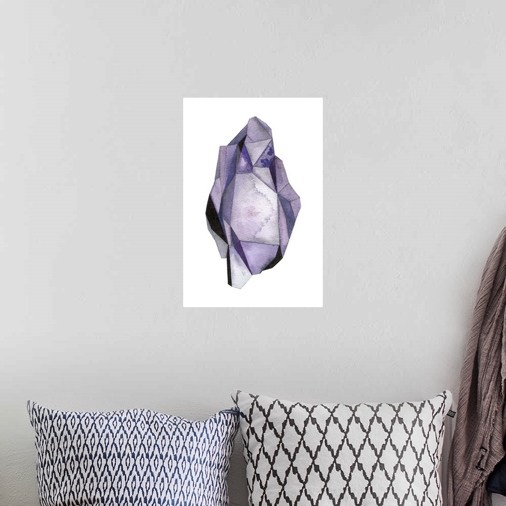 A bohemian room featuring A contemporary abstract watercolor painting of an amethyst colored crystal-like shape.