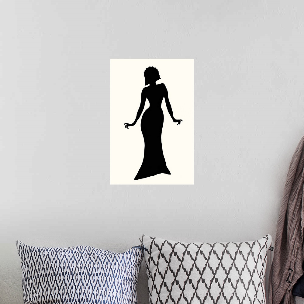 A bohemian room featuring Black silhouette of a female fashion model on a white background.