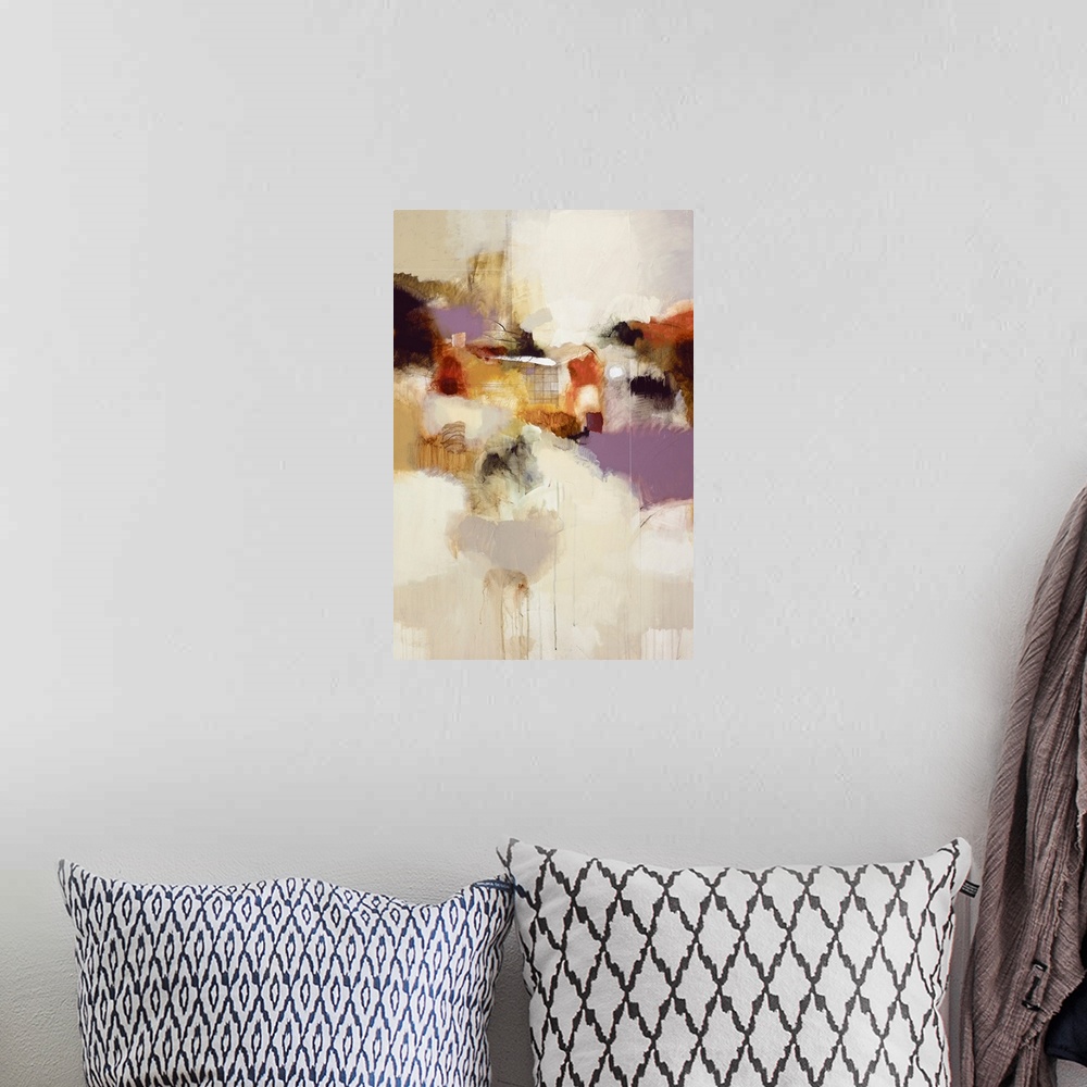 A bohemian room featuring Abstract painting featuring patches of soft natural colors and paint drips.