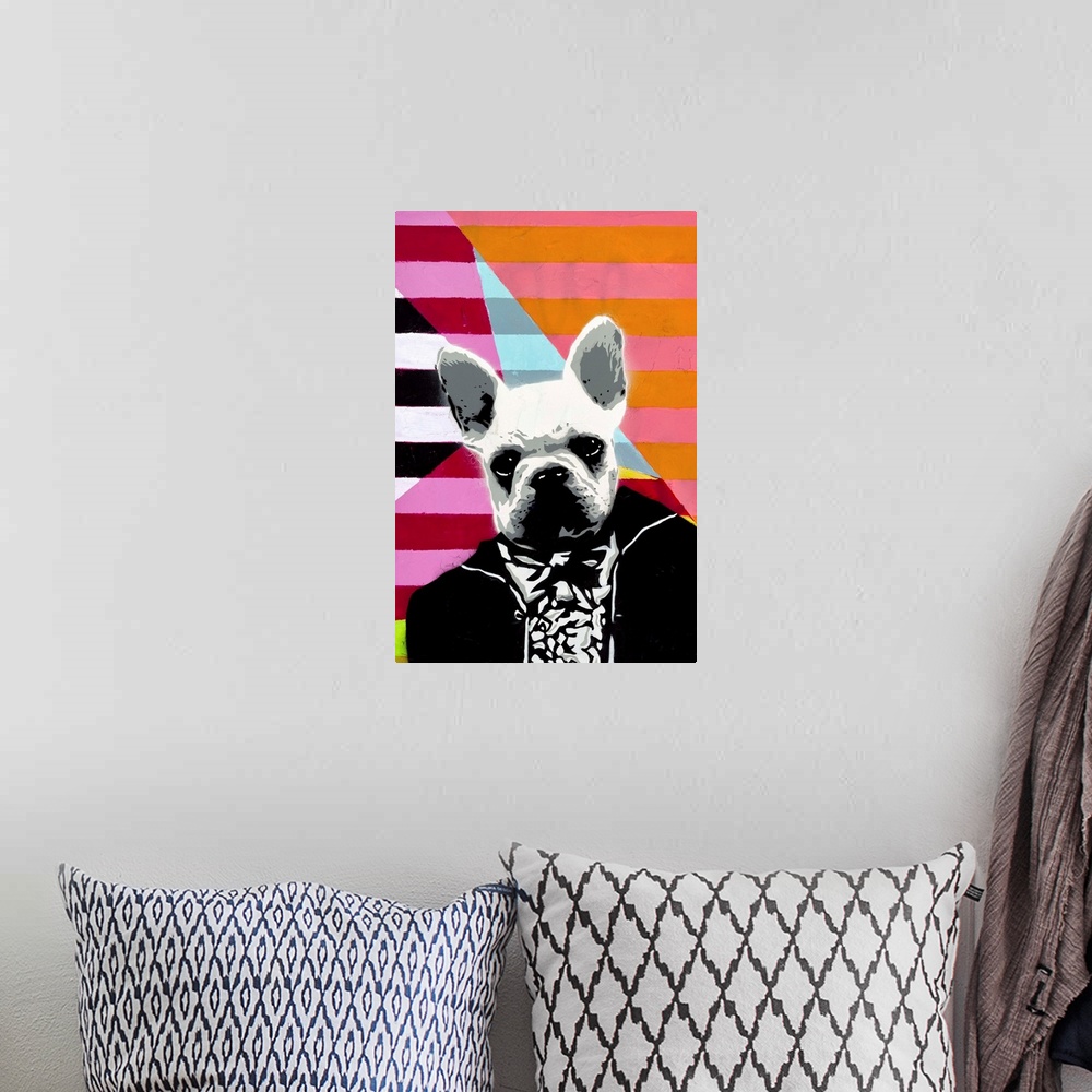 A bohemian room featuring Contemporary artwork of a french bulldog head on a human body wearing a tuxedo against a geometri...