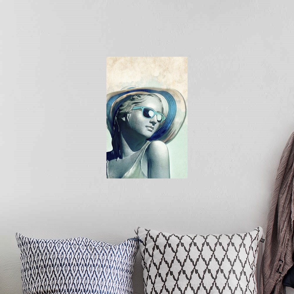 A bohemian room featuring Illustration of a statue wearing a large sun hat and blue sunglasses.
