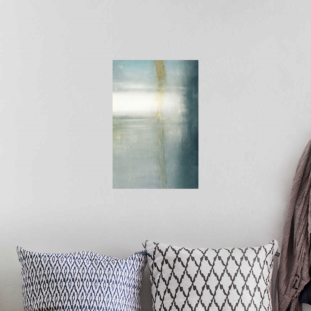 A bohemian room featuring Contemporary abstract painting in soft blue shades with touches of white and yellow.