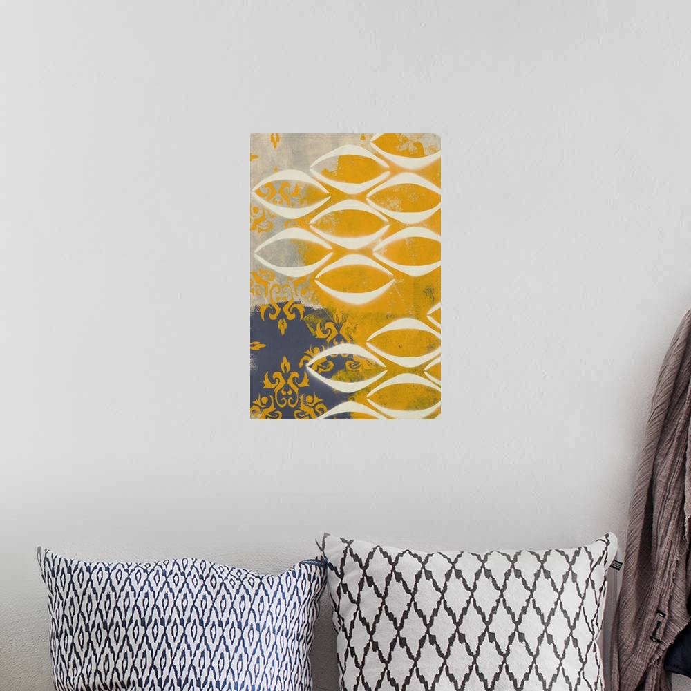 A bohemian room featuring Contemporary abstract painting created with grey and mustard yellow hues and repeating shapes.
