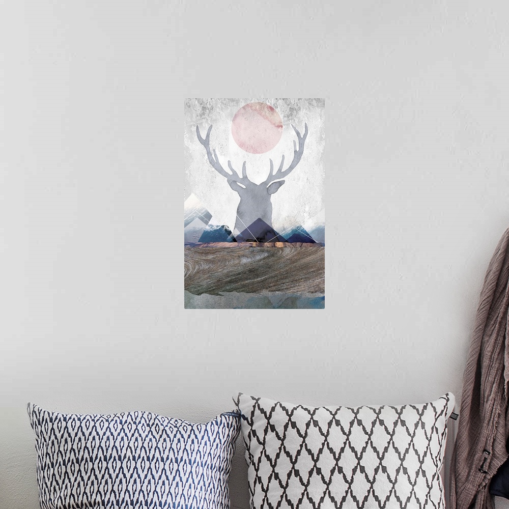 A bohemian room featuring Contemporary artwork of a faded illustration of a stag against a distressed background of wildern...