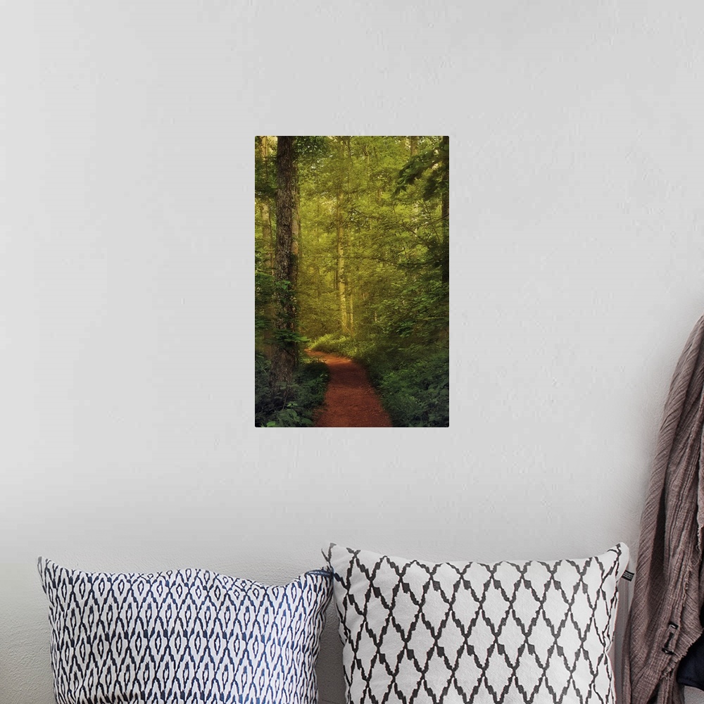 A bohemian room featuring A photograph of a forest in green foliage, with a red forest floor path cutting through it.