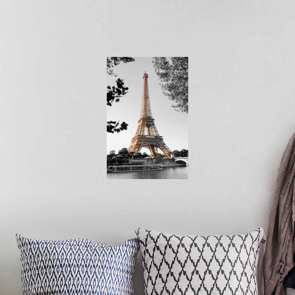 A bohemian room featuring Photograph of the Eiffel Tower with the background in black and white.
