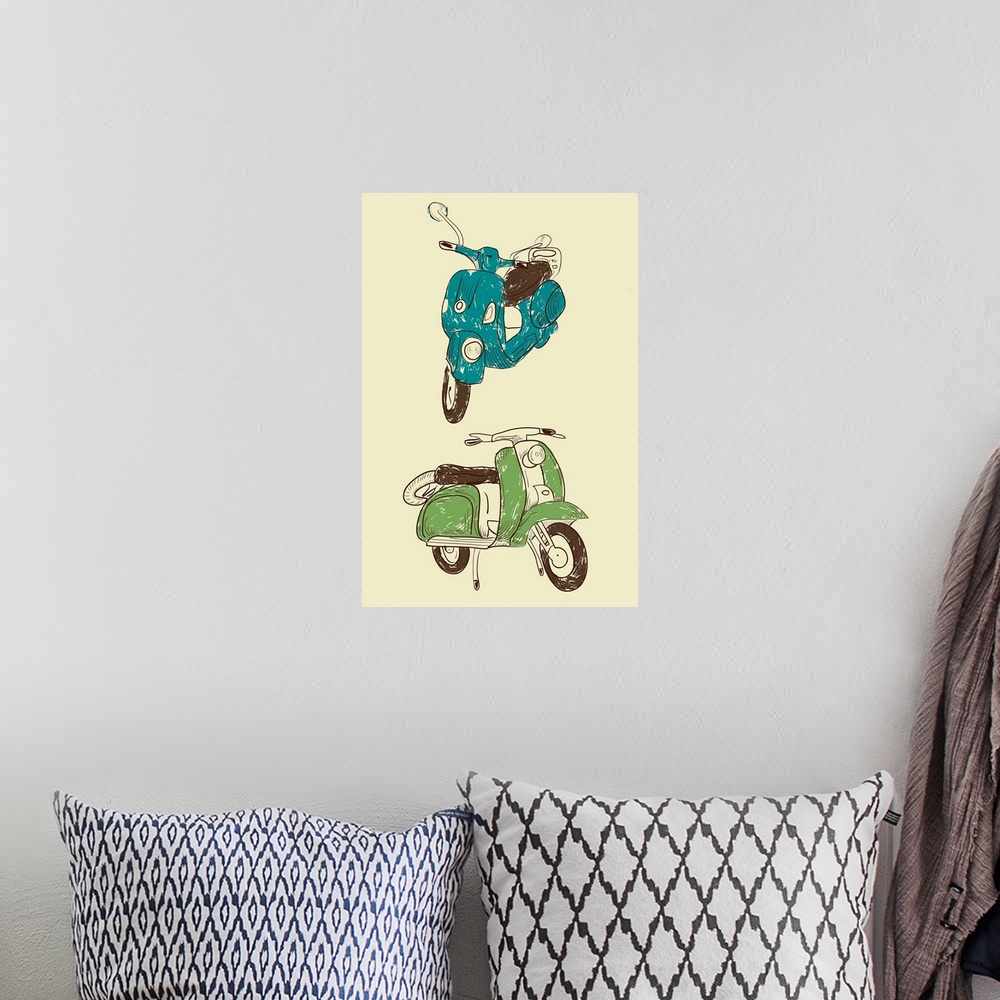 A bohemian room featuring Illustration of two moped scooters.