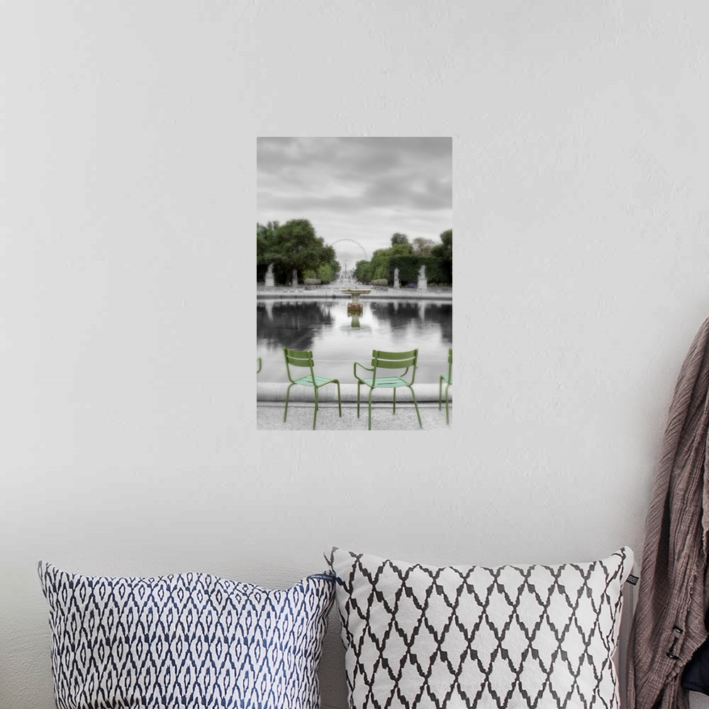 A bohemian room featuring Photograph of Les Tuileries Park, which stretches along the Seine river right bank from the Louvr...