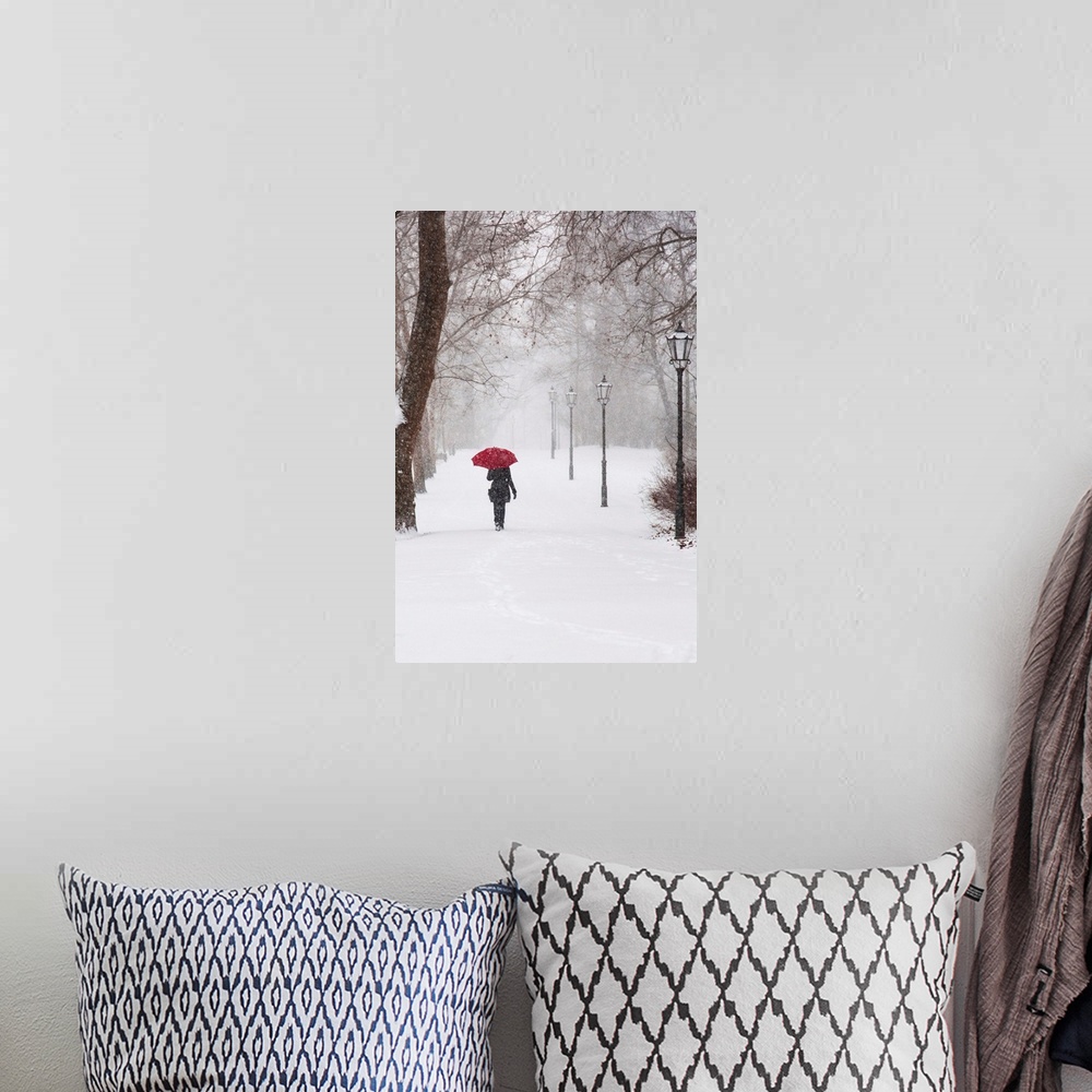 A bohemian room featuring A photograph of a person holding a red umbrella walking through the snow in a park.