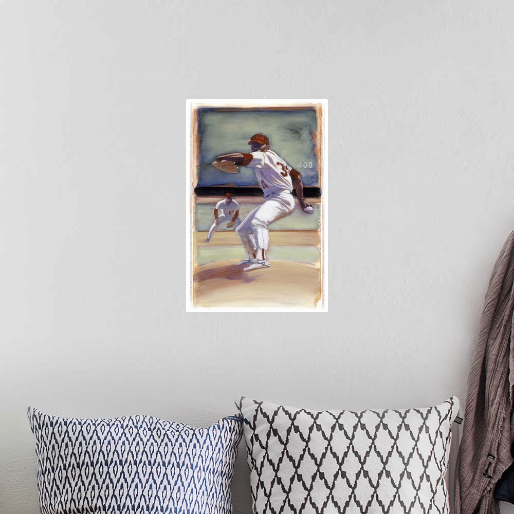 A bohemian room featuring Fine art sports painting of a pitcher on the mound by Bruce Dean.