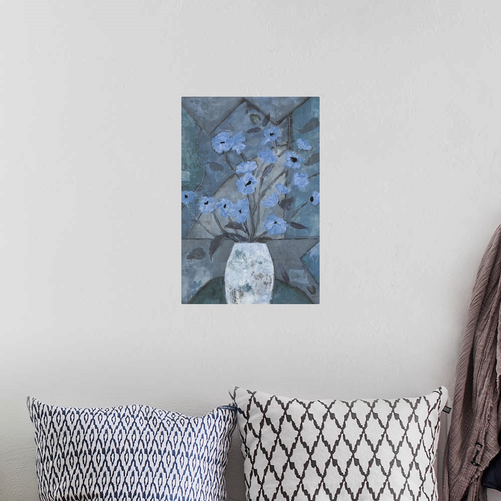 A bohemian room featuring Contemporary painting of a bouquet of light blue flowers over a mosaic inspired background.