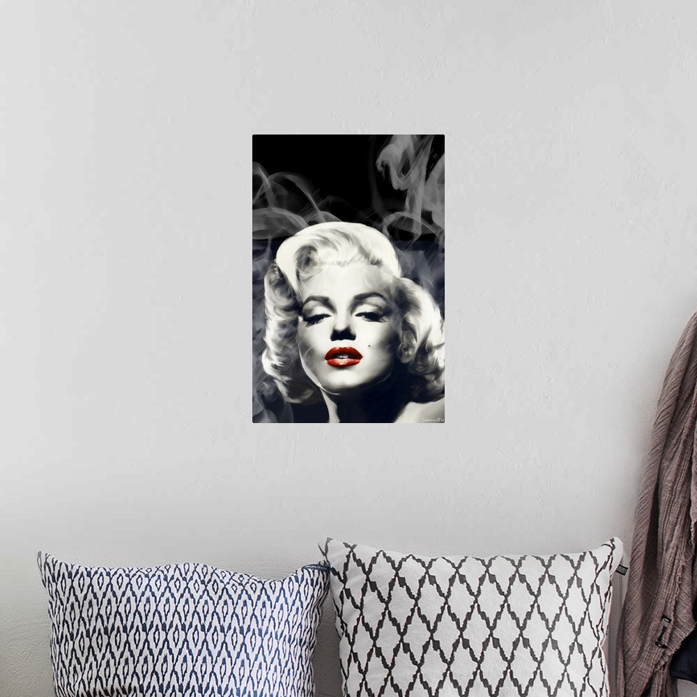 A bohemian room featuring Portrait of actress Marilyn Monroe with red lips and wisps of smoke.